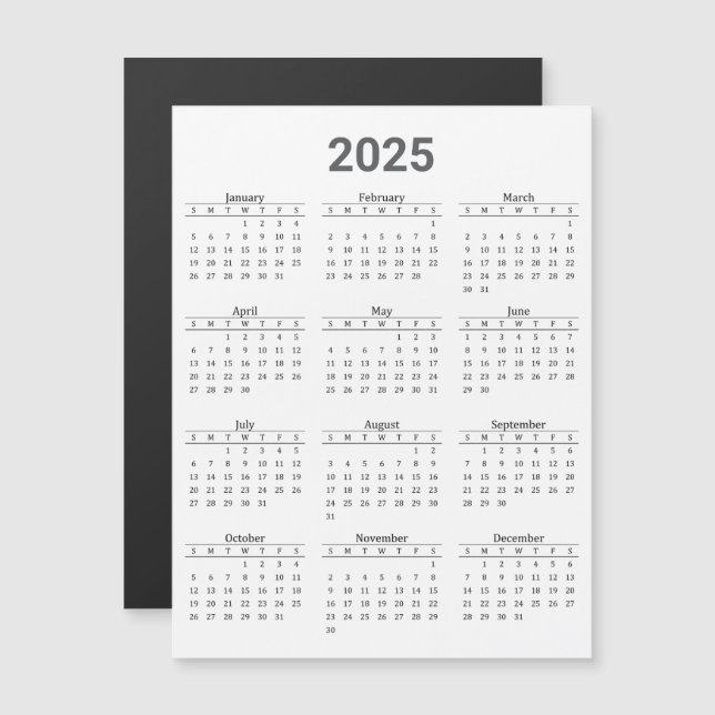 Magnetkort för grått och Vit 2025 års kalender (Fram/baksida)