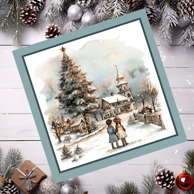 Magnetkort för julscen (Children in a Christmas vintage scene.)