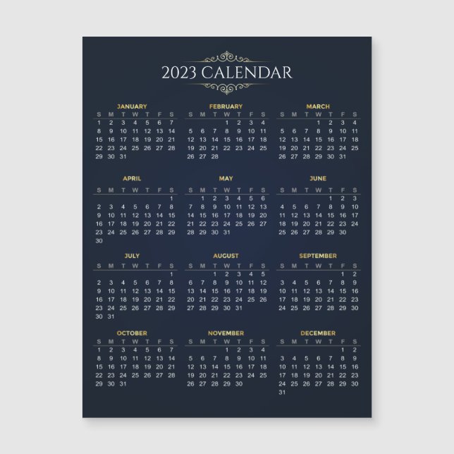 Magnetkort i elegant Guld och blått 2023-kalender (Framsida)
