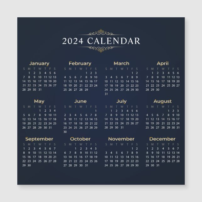 Magnetkort i elegant Guld och Blue 2024 Calendar (Framsida)