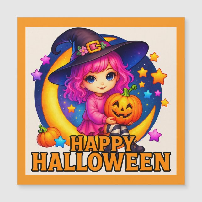 Magnetkortet happy halloween Cute Måne Witch (Framsida)
