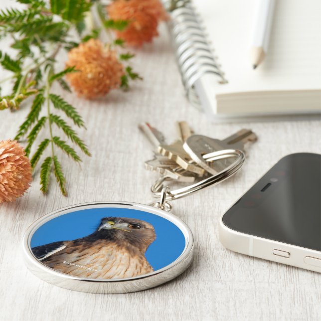 Magnificant Red-Tails Hawk i Sol Rund Silverfärgad Nyckelring (Sidan)