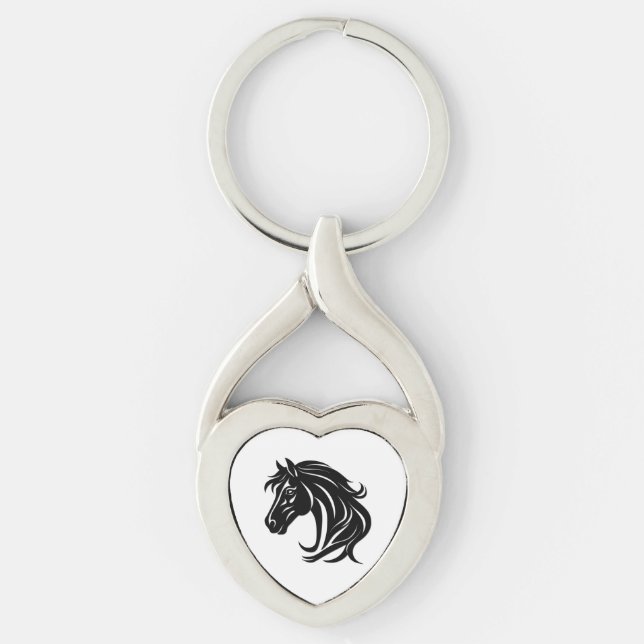 Magnificent Black Horse Head   Twisted Heart Silverfärgad Nyckelring (Framsidan)