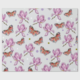 Magnolia and butterflies, watercolor pattern presentpapper