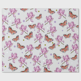Magnolia and butterflies, watercolor pattern presentpapper
