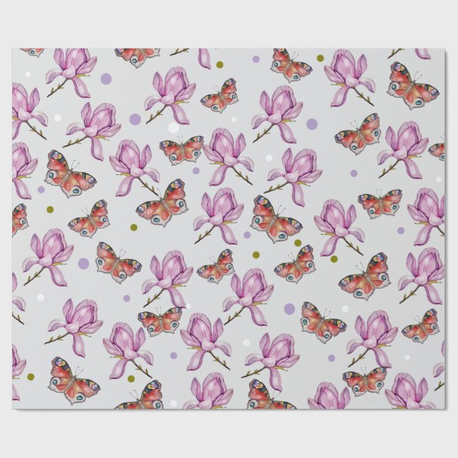 Magnolia and butterflies, watercolor pattern presentpapper (Platt)