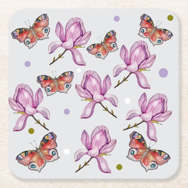 Magnolia and butterflies, watercolor pattern underlägg papper kvadrat (Framsidan)