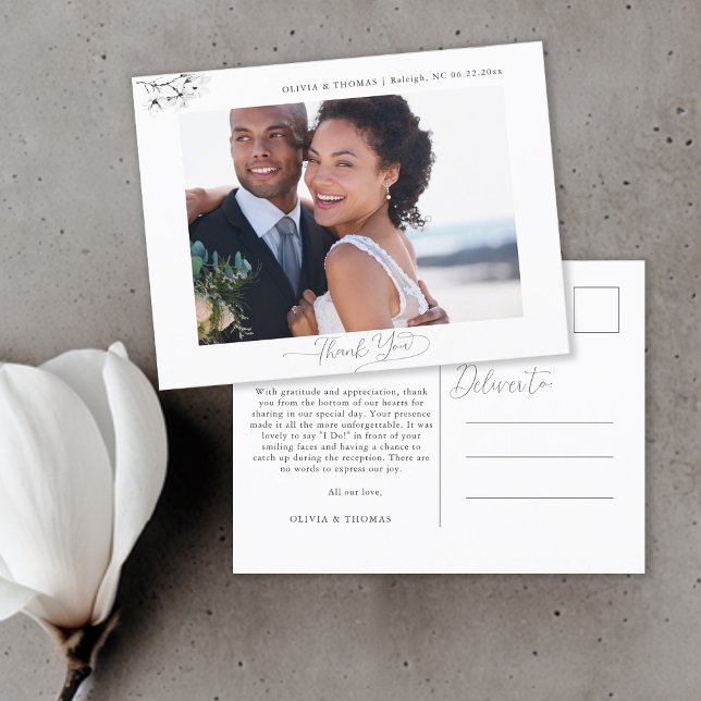 Magnolia Black White Bröllop Photo Tack Vykort (Magnolia Wedding Photo Thank You Postcard Black and White Modern Classic Elegant Chic)