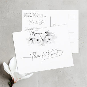 Magnolia Black White Calligraphy Bröllop Tack Vykort