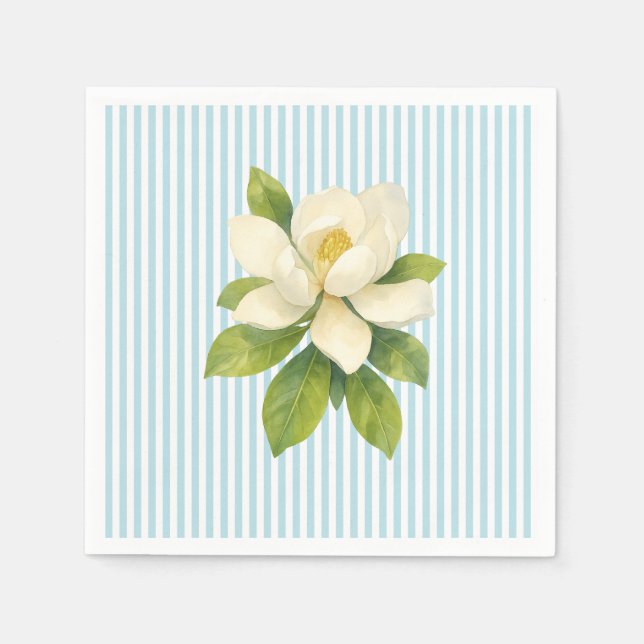 Magnolia Blomma Anpassad Bröllop Blå Rand Pappersservett (Framsidan)