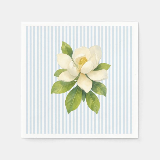 Magnolia Blomma Anpassad Bröllop Blå Rand Pappersservett (Framsidan)