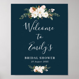 magnolia blommande blå bröllopsdusch välkomstskylt poster
