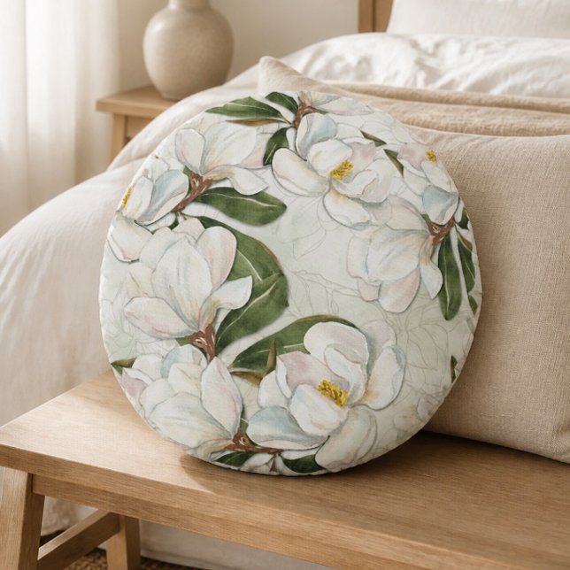 Magnolia Blommig Rund Kuddöverdrag Kudde (Skapare uppladdad)