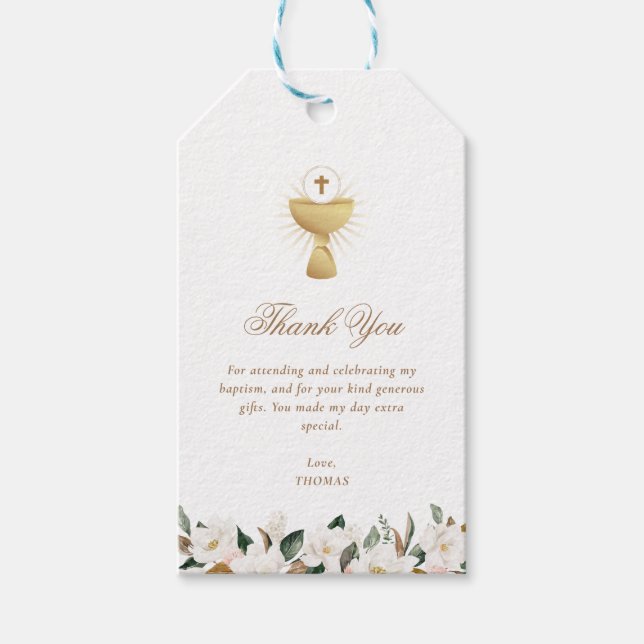 Magnolia blommigt baptism tack presentetikett (Framsidan)