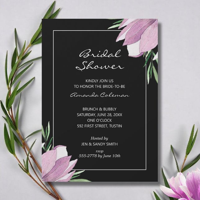 Magnolia Blommigt Black Möhippa Inbjudningar (Watercolor magnolia flowers bridal shower invitations - INSTANT DOWNLOAD and/or PRINTED or both!)