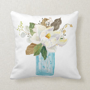 Magnolia Blommigt Bouquet Foliage Blue Glass Vas Kudde