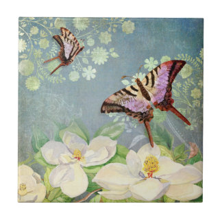 Magnolia Blommigt Butterfly Blue Watercolor Vintag Kakelplatta