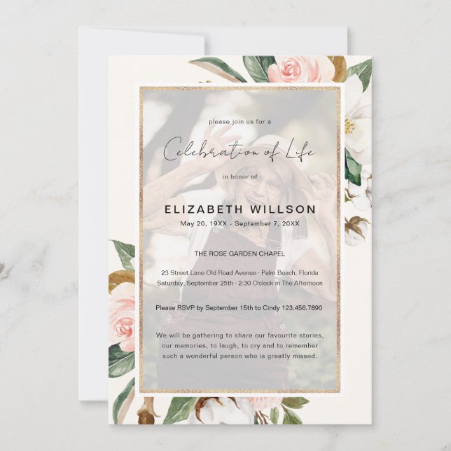 Magnolia Blommigt Firande i livets begravningsfoto Inbjudningar (Framsida)