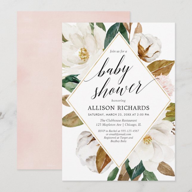 Magnolia blommigt greenery rustiy girl Baby dusch Inbjudningar (Fram/baksida)