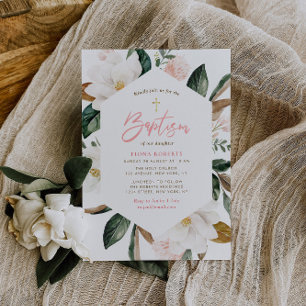 Magnolia blommigt ram Baptism-inbjudan Inbjudningar