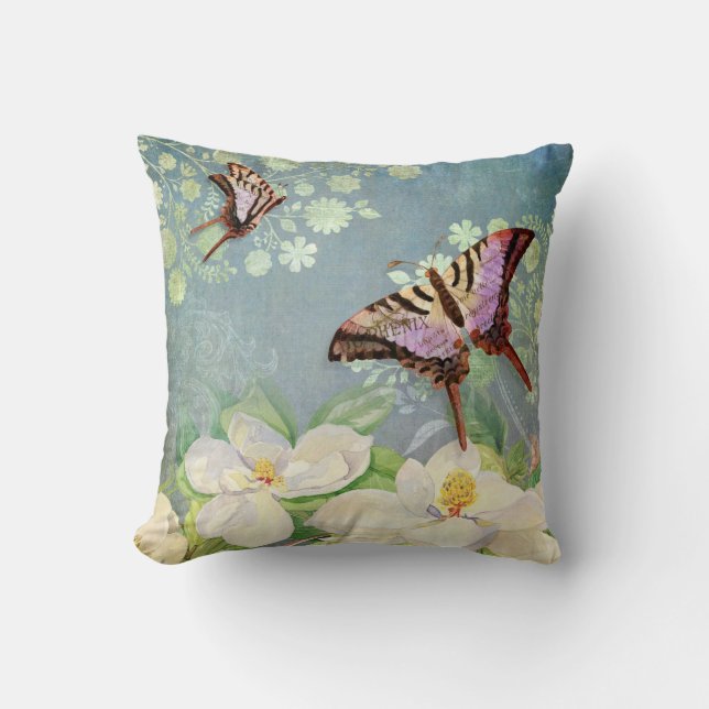Magnolia Blommigt Vintage Butterfly Blue Watercolo Kudde (Framsida)