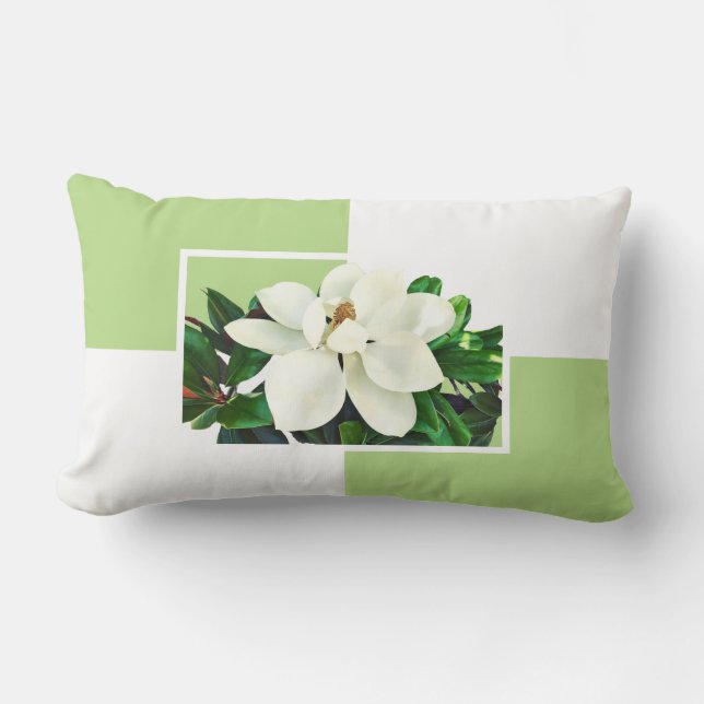 Magnolia Bloom | Grönt och Gult Reversibel Lumbarkudde (Framsida)