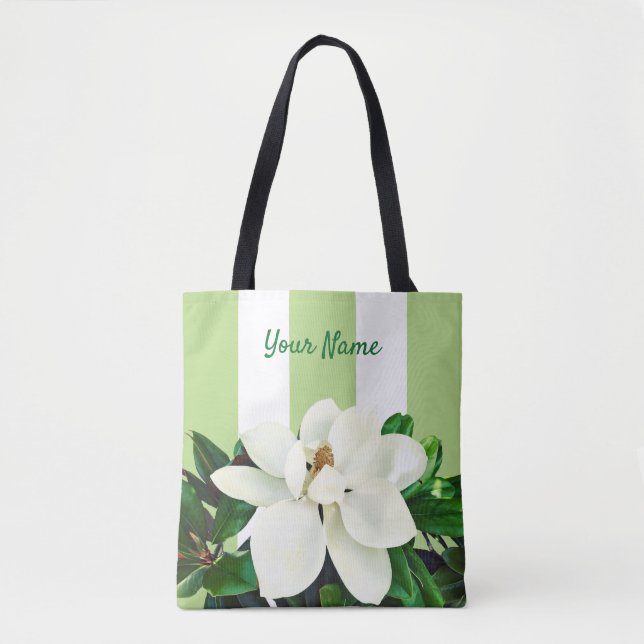 Magnolia Bloom | Grönt och vit Personlig Tygkasse (Framsida)