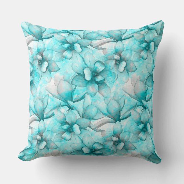 Magnolia Blue Teal Blommigt Upprepa Mönster Art Kudde (Framsida)
