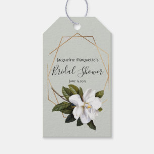 Magnolia bröllopsdusch med guld och salvia presentetikett