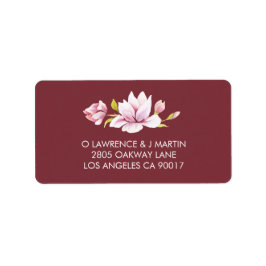 Magnolia Burgundy Blommigt Watercolor Adressetikett