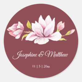 Magnolia Burgundy Blommigt Wedding Stickers Runt Klistermärke