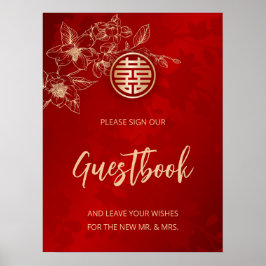 Magnolia Chinese Bröllop Red Blommigt Guestbook Poster