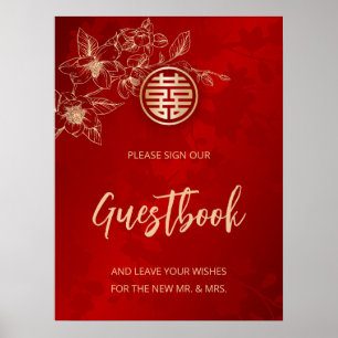 Magnolia Chinese Bröllop Red Blommigt Guestbook Poster