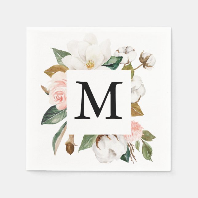 Magnolia Cotton Monogram Bröllop Cocktail Napkin Pappersservett (Framsidan)