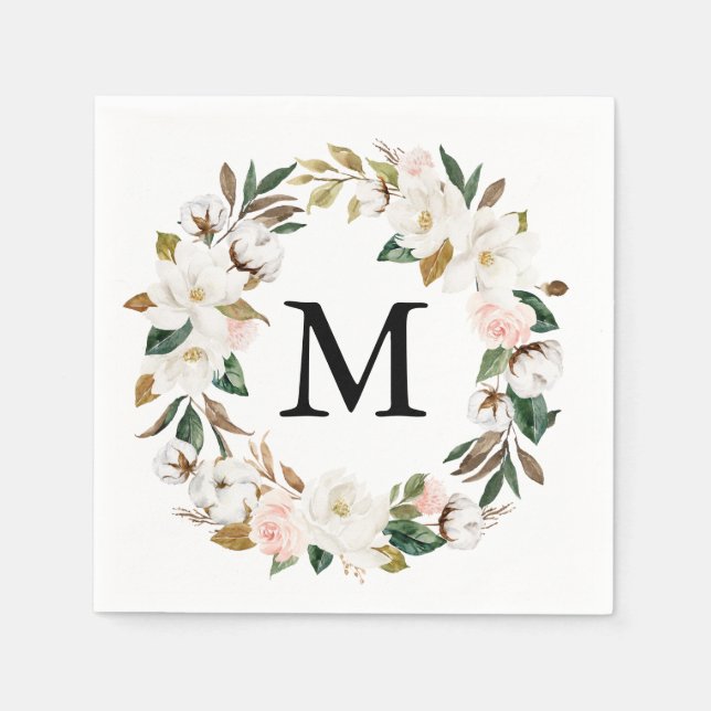 Magnolia Cotton Monogram Bröllop Cocktail Napkin Pappersservett (Framsidan)
