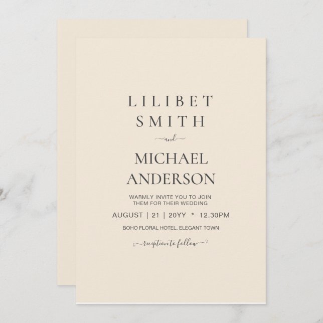 Magnolia Cream Modern Bröllop Typography Inbjudningar (Fram/baksida)