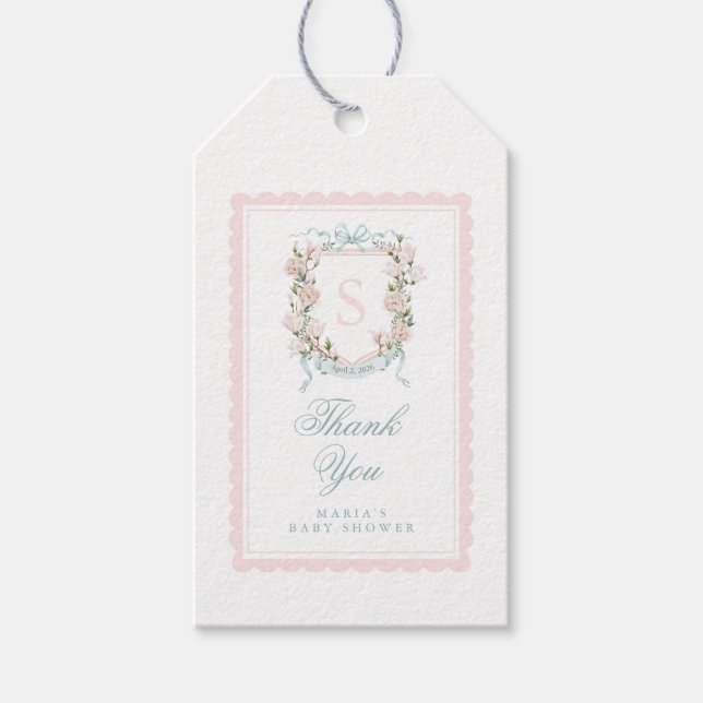 Magnolia Crest Förmånsetikett | Rosa Scalloped Bow Presentetikett (Framsidan)