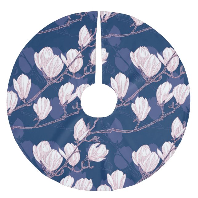 Magnolia Elegance: Navy Vår Bloom Julgransmatta Borstad Polyester (Framsidan)