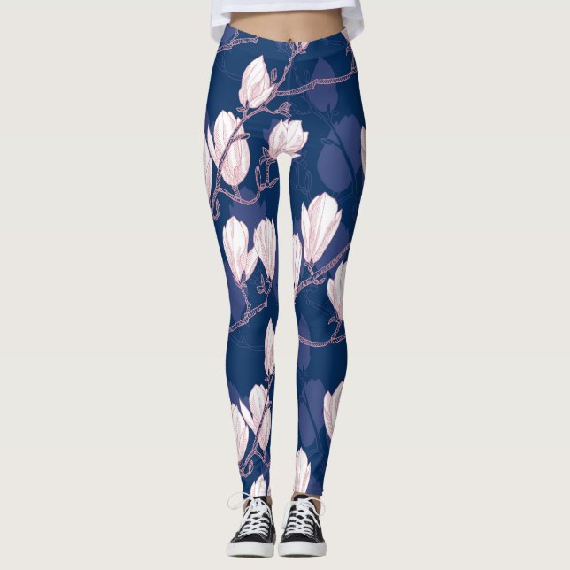 Magnolia Elegance: Navy Vår Bloom Leggings (Framsida)