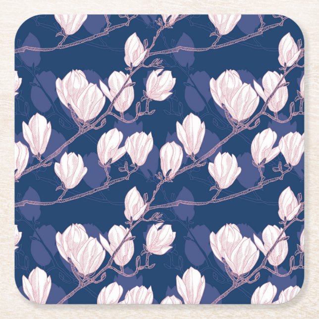 Magnolia Elegance: Navy Vår Bloom Underlägg Papper Kvadrat (Framsidan)
