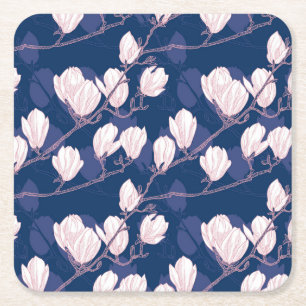 Magnolia Elegans: Marinblå vårblomning Underlägg Papper Kvadrat