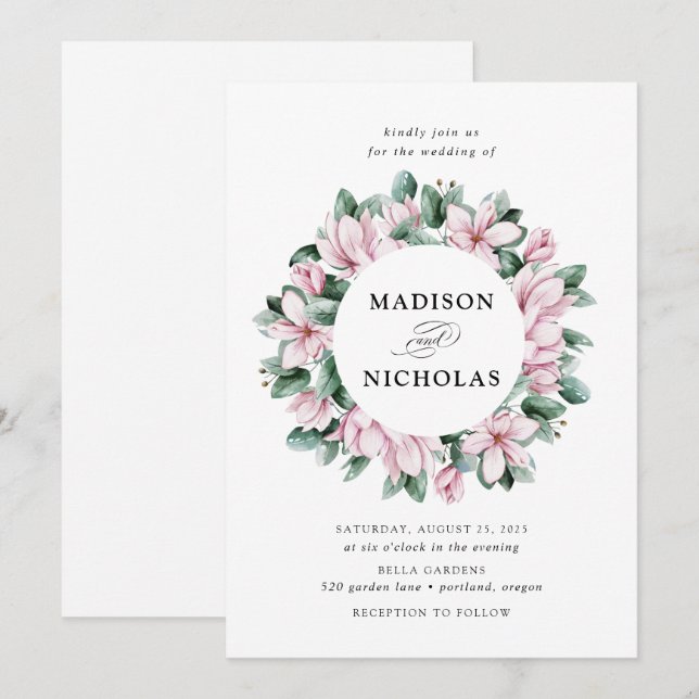 Magnolia & Eucalyptus | Blommig Krans Bröllop Inbjudningar (Fram/baksida)