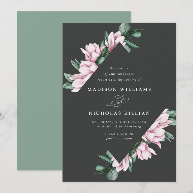 Magnolia & Eucalyptus | BLOMMIGT RAM BRÖLLOP Inbjudningar (Fram/baksida)