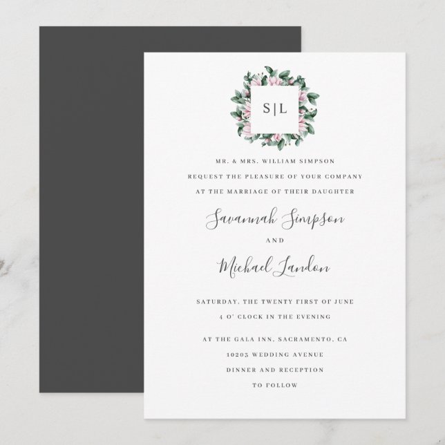 Magnolia Eucalyptus chic monogram bröllop Inbjudningar (Fram/baksida)