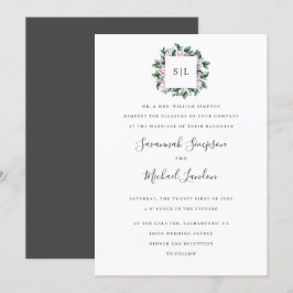Magnolia Eucalyptus chic monogram bröllop Inbjudningar