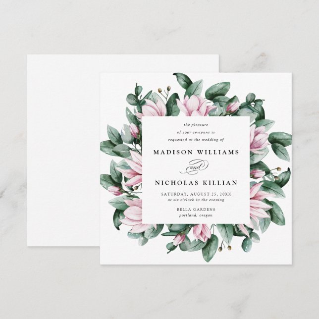Magnolia & Eucalyptus | Fyrkantig Bröllopsinbjudan Inbjudningar (Fram/baksida)