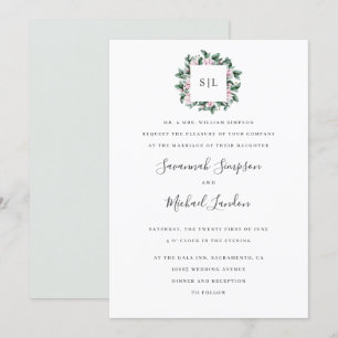 Magnolia Eucalyptus grått monogram bröllop Inbjudningar