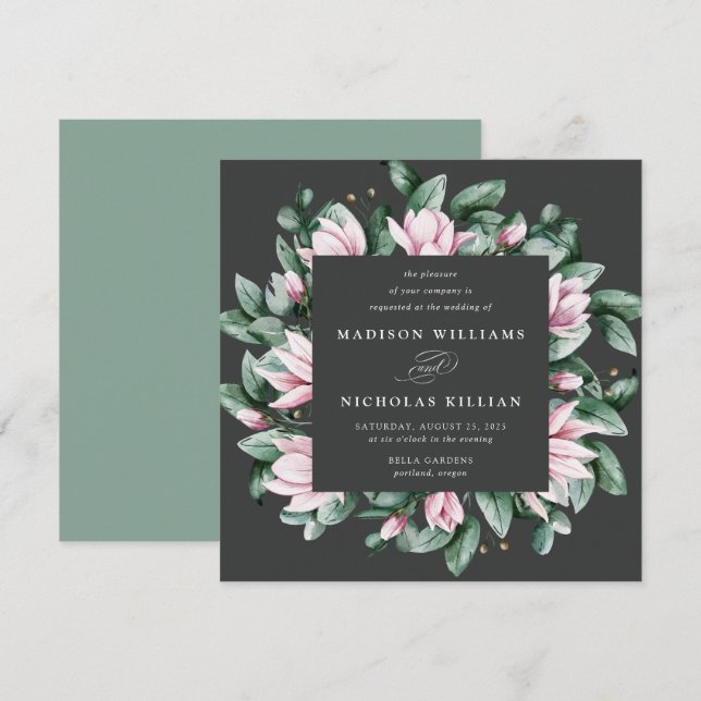 Magnolia & Eukalyptus | Fyrkantig Bröllopsinbjudan Inbjudningar (Fram/baksida)