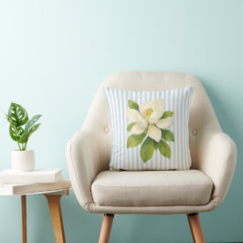 Magnolia Flower Painting Blue Stripe Kudde
