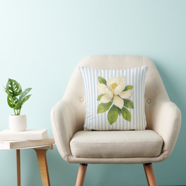Magnolia Flower Painting Blue Stripe Kudde (Stol)